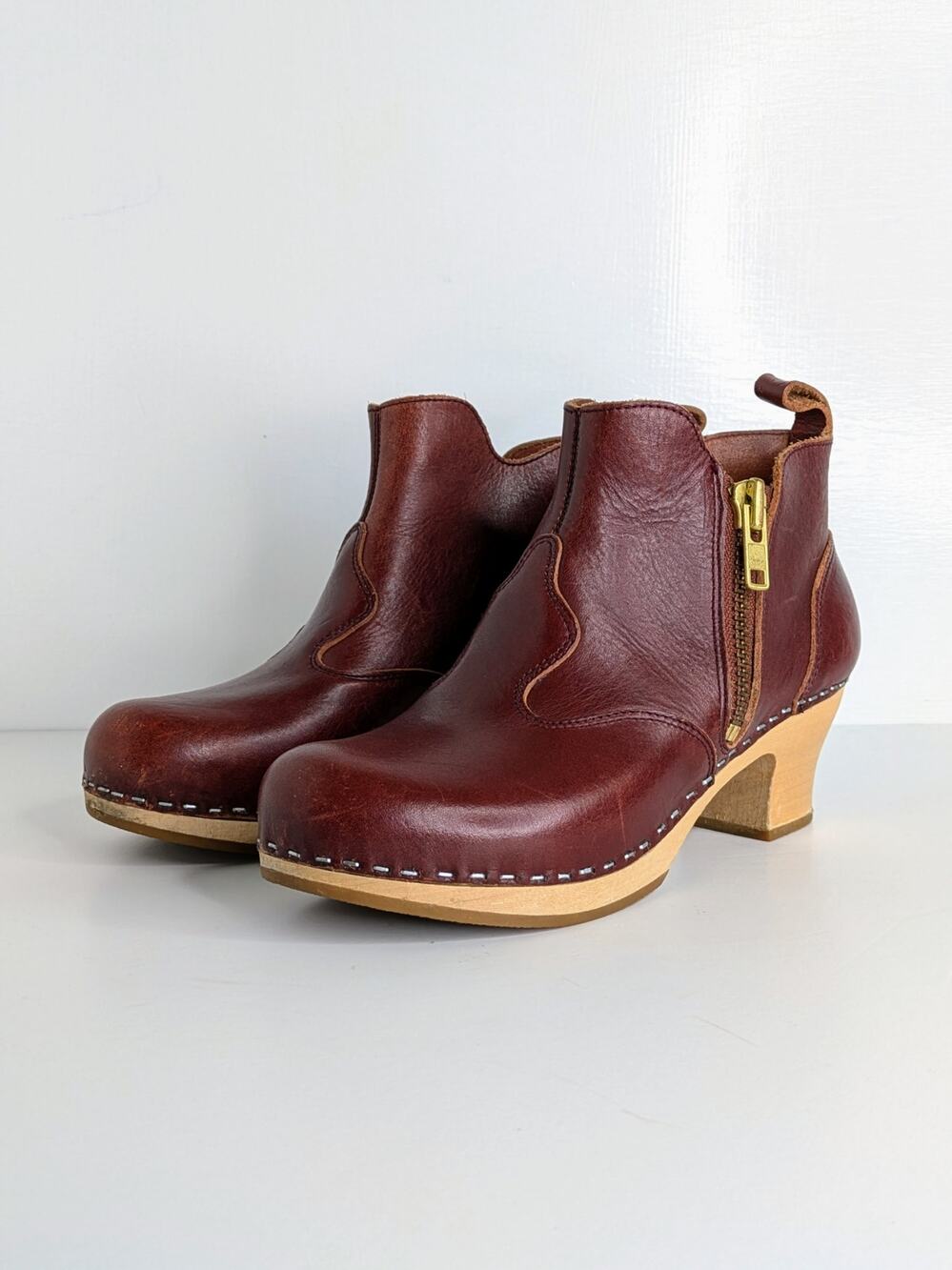 Swedish Hasbeens Toffel Ankle Boot 38 Dark Cognac Leather Zip Wood Heel Sweden